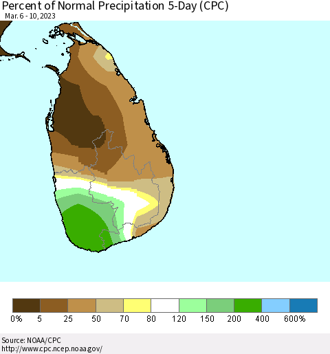 Sri Lanka Percent of Normal Precipitation 5-Day (CPC) Thematic Map For 3/6/2023 - 3/10/2023
