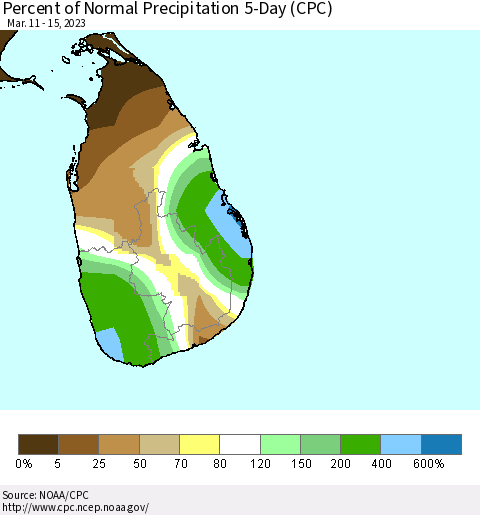 Sri Lanka Percent of Normal Precipitation 5-Day (CPC) Thematic Map For 3/11/2023 - 3/15/2023