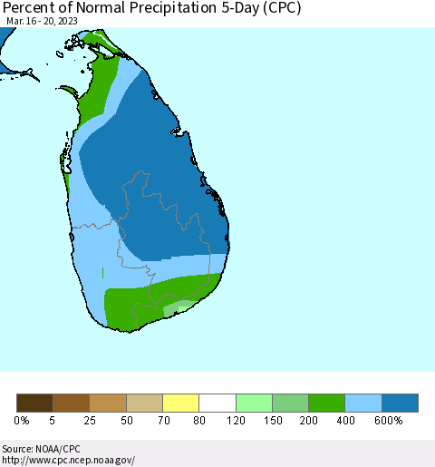 Sri Lanka Percent of Normal Precipitation 5-Day (CPC) Thematic Map For 3/16/2023 - 3/20/2023