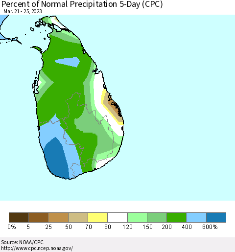 Sri Lanka Percent of Normal Precipitation 5-Day (CPC) Thematic Map For 3/21/2023 - 3/25/2023