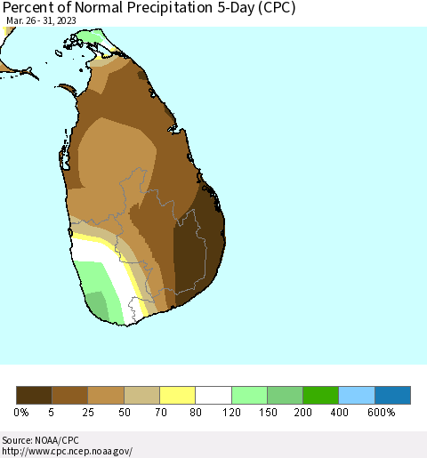 Sri Lanka Percent of Normal Precipitation 5-Day (CPC) Thematic Map For 3/26/2023 - 3/31/2023