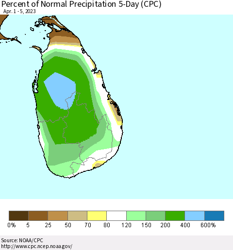 Sri Lanka Percent of Normal Precipitation 5-Day (CPC) Thematic Map For 4/1/2023 - 4/5/2023