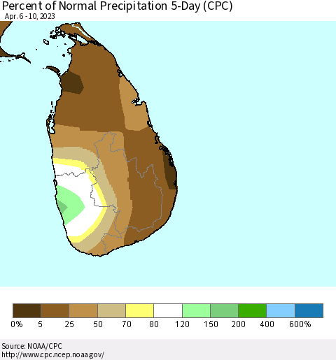 Sri Lanka Percent of Normal Precipitation 5-Day (CPC) Thematic Map For 4/6/2023 - 4/10/2023