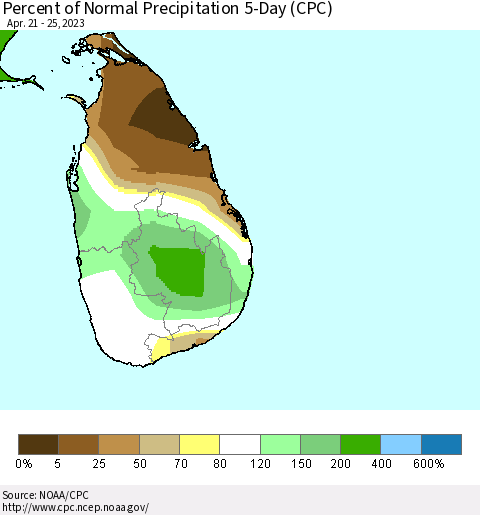 Sri Lanka Percent of Normal Precipitation 5-Day (CPC) Thematic Map For 4/21/2023 - 4/25/2023