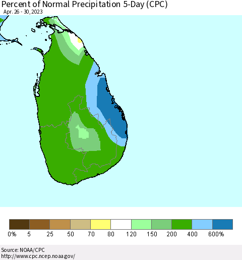 Sri Lanka Percent of Normal Precipitation 5-Day (CPC) Thematic Map For 4/26/2023 - 4/30/2023