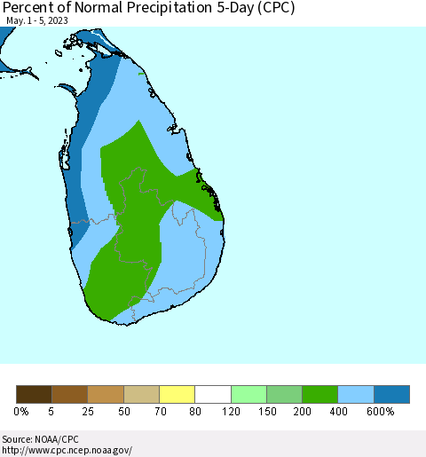 Sri Lanka Percent of Normal Precipitation 5-Day (CPC) Thematic Map For 5/1/2023 - 5/5/2023