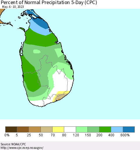 Sri Lanka Percent of Normal Precipitation 5-Day (CPC) Thematic Map For 5/6/2023 - 5/10/2023