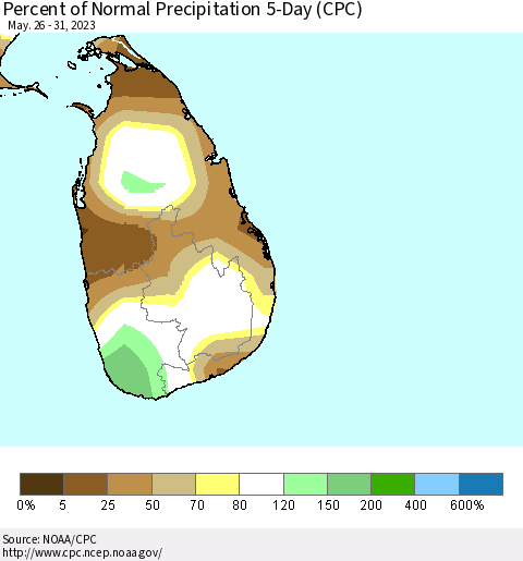 Sri Lanka Percent of Normal Precipitation 5-Day (CPC) Thematic Map For 5/26/2023 - 5/31/2023