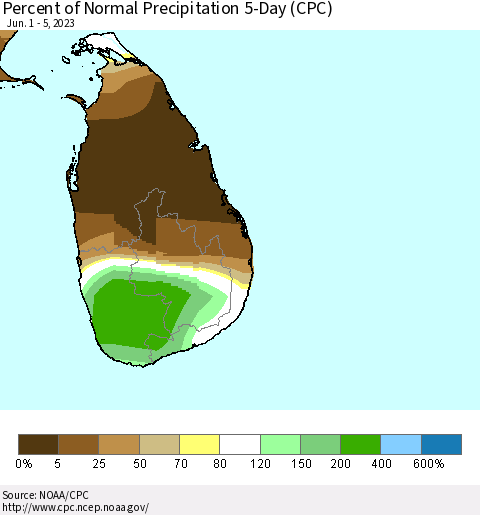 Sri Lanka Percent of Normal Precipitation 5-Day (CPC) Thematic Map For 6/1/2023 - 6/5/2023