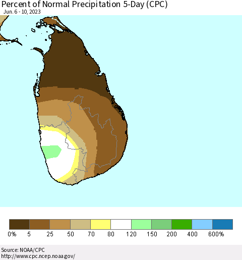 Sri Lanka Percent of Normal Precipitation 5-Day (CPC) Thematic Map For 6/6/2023 - 6/10/2023