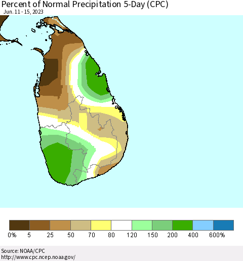 Sri Lanka Percent of Normal Precipitation 5-Day (CPC) Thematic Map For 6/11/2023 - 6/15/2023