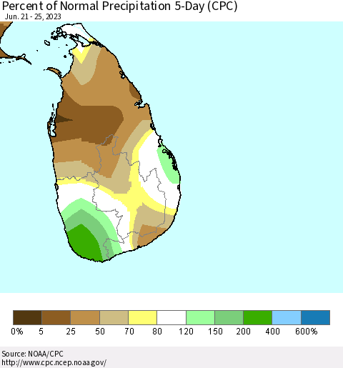 Sri Lanka Percent of Normal Precipitation 5-Day (CPC) Thematic Map For 6/21/2023 - 6/25/2023