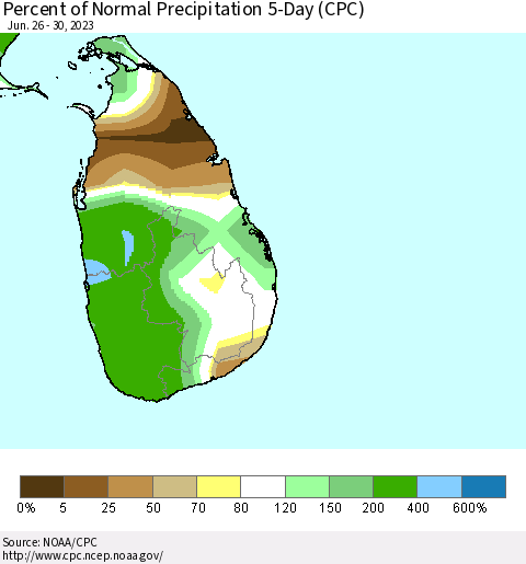 Sri Lanka Percent of Normal Precipitation 5-Day (CPC) Thematic Map For 6/26/2023 - 6/30/2023