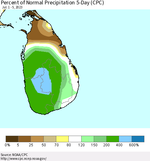 Sri Lanka Percent of Normal Precipitation 5-Day (CPC) Thematic Map For 7/1/2023 - 7/5/2023
