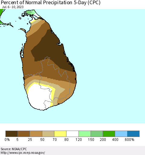 Sri Lanka Percent of Normal Precipitation 5-Day (CPC) Thematic Map For 7/6/2023 - 7/10/2023