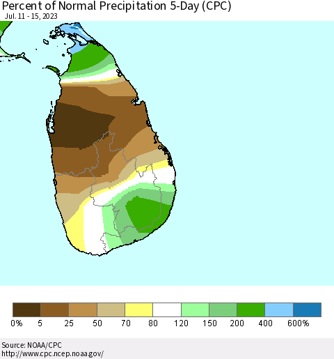 Sri Lanka Percent of Normal Precipitation 5-Day (CPC) Thematic Map For 7/11/2023 - 7/15/2023