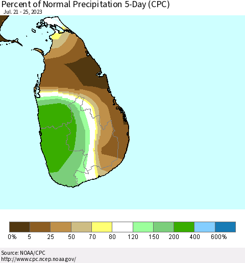 Sri Lanka Percent of Normal Precipitation 5-Day (CPC) Thematic Map For 7/21/2023 - 7/25/2023