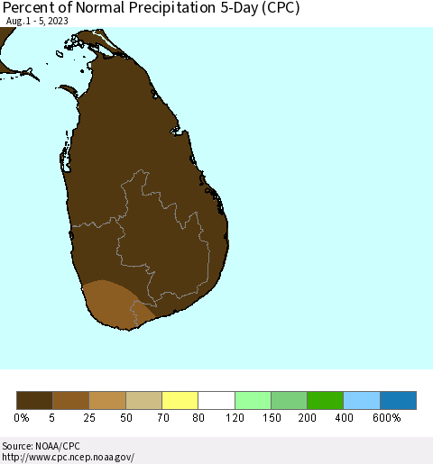 Sri Lanka Percent of Normal Precipitation 5-Day (CPC) Thematic Map For 8/1/2023 - 8/5/2023