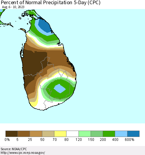 Sri Lanka Percent of Normal Precipitation 5-Day (CPC) Thematic Map For 8/6/2023 - 8/10/2023