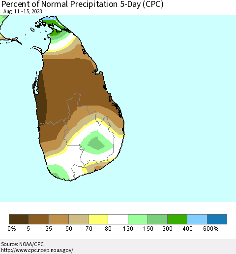Sri Lanka Percent of Normal Precipitation 5-Day (CPC) Thematic Map For 8/11/2023 - 8/15/2023