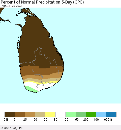 Sri Lanka Percent of Normal Precipitation 5-Day (CPC) Thematic Map For 8/16/2023 - 8/20/2023