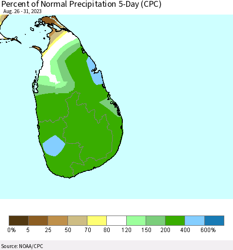 Sri Lanka Percent of Normal Precipitation 5-Day (CPC) Thematic Map For 8/26/2023 - 8/31/2023
