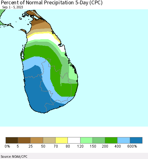 Sri Lanka Percent of Normal Precipitation 5-Day (CPC) Thematic Map For 9/1/2023 - 9/5/2023