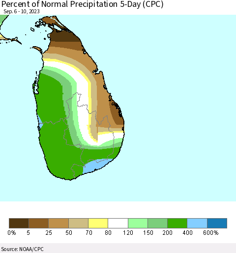 Sri Lanka Percent of Normal Precipitation 5-Day (CPC) Thematic Map For 9/6/2023 - 9/10/2023