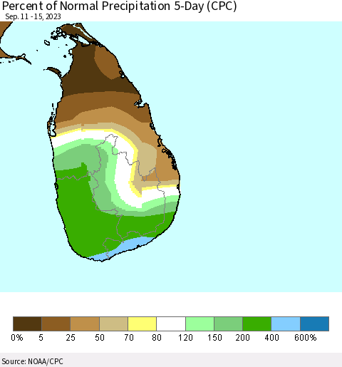 Sri Lanka Percent of Normal Precipitation 5-Day (CPC) Thematic Map For 9/11/2023 - 9/15/2023