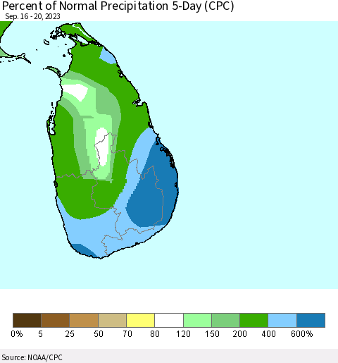 Sri Lanka Percent of Normal Precipitation 5-Day (CPC) Thematic Map For 9/16/2023 - 9/20/2023