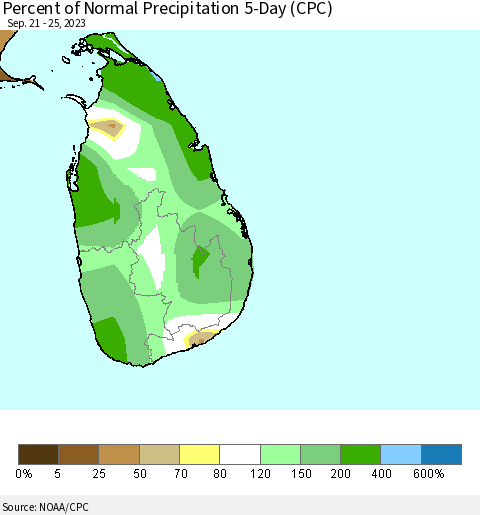 Sri Lanka Percent of Normal Precipitation 5-Day (CPC) Thematic Map For 9/21/2023 - 9/25/2023
