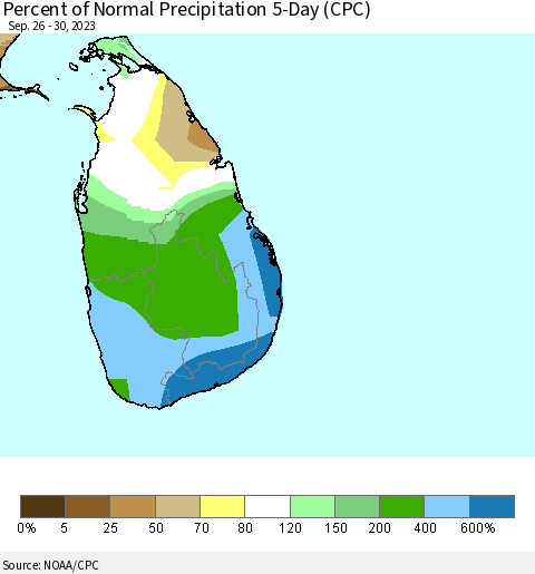 Sri Lanka Percent of Normal Precipitation 5-Day (CPC) Thematic Map For 9/26/2023 - 9/30/2023
