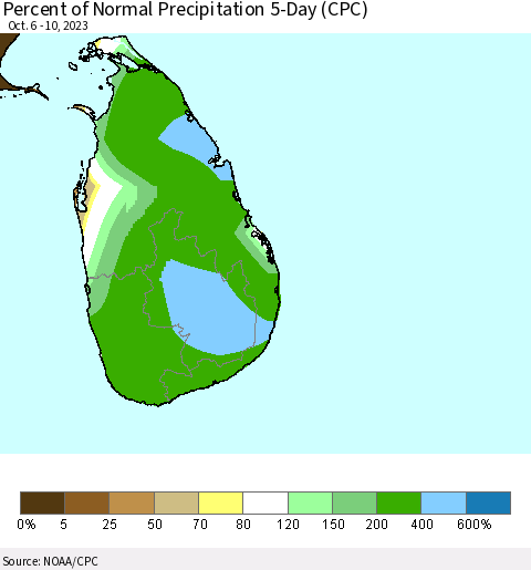 Sri Lanka Percent of Normal Precipitation 5-Day (CPC) Thematic Map For 10/6/2023 - 10/10/2023