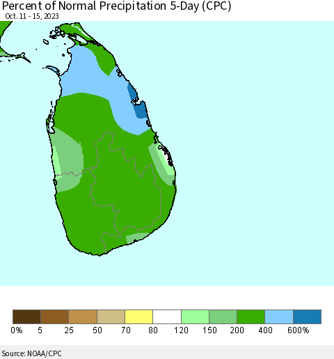 Sri Lanka Percent of Normal Precipitation 5-Day (CPC) Thematic Map For 10/11/2023 - 10/15/2023