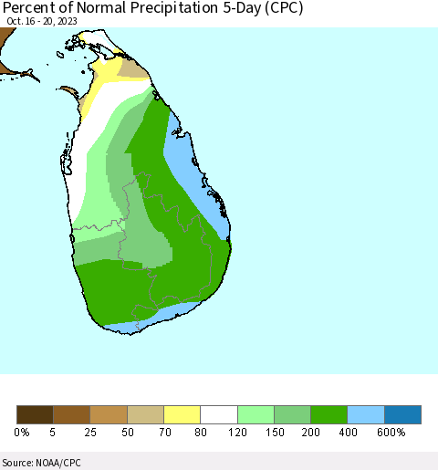 Sri Lanka Percent of Normal Precipitation 5-Day (CPC) Thematic Map For 10/16/2023 - 10/20/2023