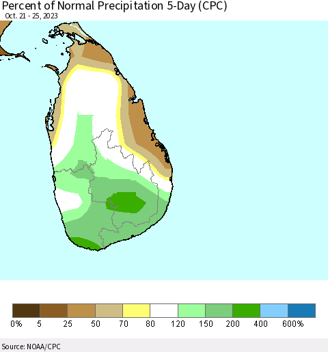 Sri Lanka Percent of Normal Precipitation 5-Day (CPC) Thematic Map For 10/21/2023 - 10/25/2023
