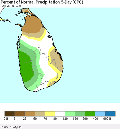 Sri Lanka Percent of Normal Precipitation 5-Day (CPC) Thematic Map For 10/26/2023 - 10/31/2023