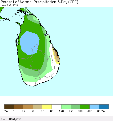Sri Lanka Percent of Normal Precipitation 5-Day (CPC) Thematic Map For 11/1/2023 - 11/5/2023