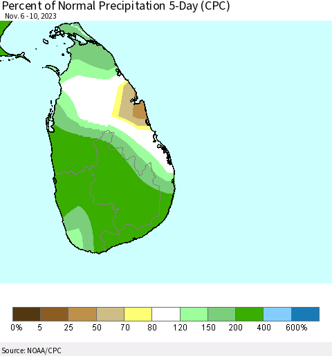 Sri Lanka Percent of Normal Precipitation 5-Day (CPC) Thematic Map For 11/6/2023 - 11/10/2023
