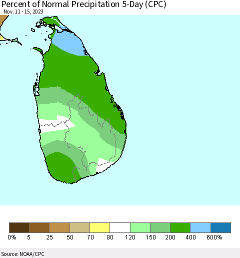 Sri Lanka Percent of Normal Precipitation 5-Day (CPC) Thematic Map For 11/11/2023 - 11/15/2023