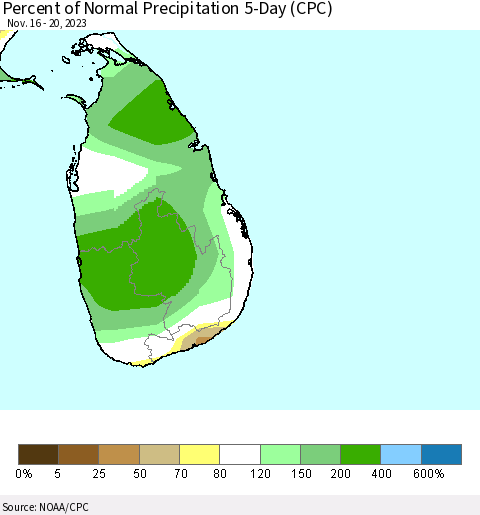 Sri Lanka Percent of Normal Precipitation 5-Day (CPC) Thematic Map For 11/16/2023 - 11/20/2023