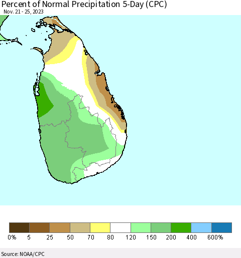 Sri Lanka Percent of Normal Precipitation 5-Day (CPC) Thematic Map For 11/21/2023 - 11/25/2023