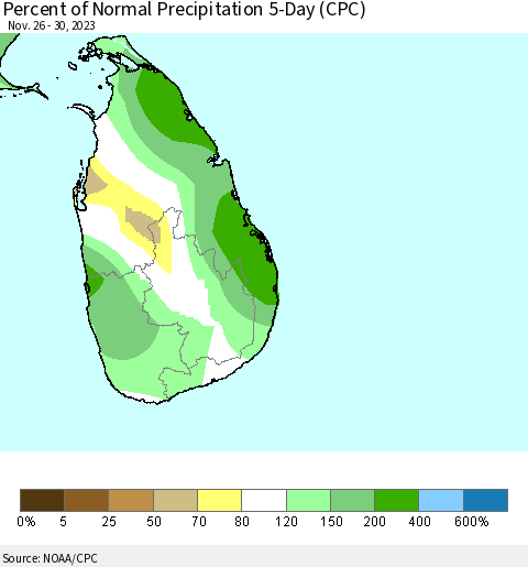 Sri Lanka Percent of Normal Precipitation 5-Day (CPC) Thematic Map For 11/26/2023 - 11/30/2023