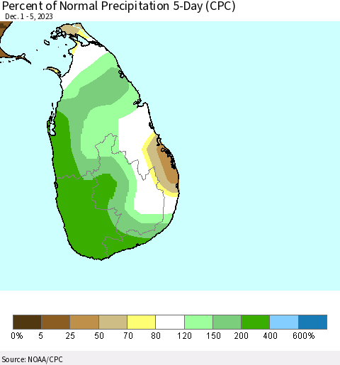 Sri Lanka Percent of Normal Precipitation 5-Day (CPC) Thematic Map For 12/1/2023 - 12/5/2023