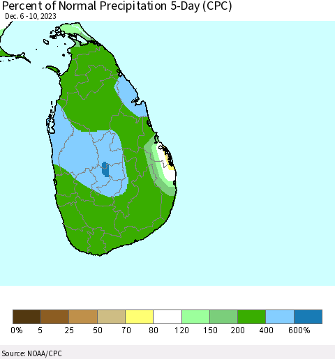 Sri Lanka Percent of Normal Precipitation 5-Day (CPC) Thematic Map For 12/6/2023 - 12/10/2023