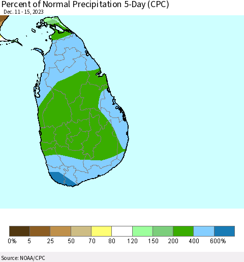 Sri Lanka Percent of Normal Precipitation 5-Day (CPC) Thematic Map For 12/11/2023 - 12/15/2023