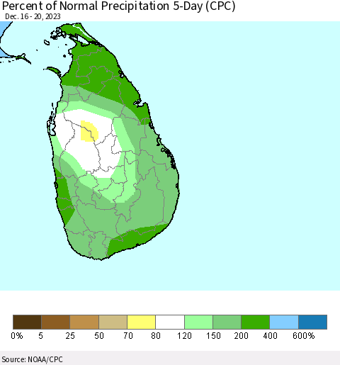 Sri Lanka Percent of Normal Precipitation 5-Day (CPC) Thematic Map For 12/16/2023 - 12/20/2023
