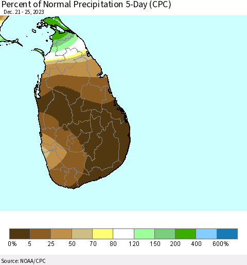 Sri Lanka Percent of Normal Precipitation 5-Day (CPC) Thematic Map For 12/21/2023 - 12/25/2023