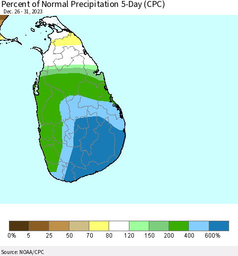 Sri Lanka Percent of Normal Precipitation 5-Day (CPC) Thematic Map For 12/26/2023 - 12/31/2023