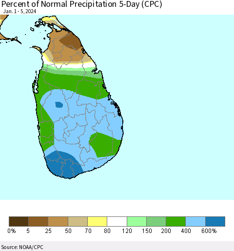 Sri Lanka Percent of Normal Precipitation 5-Day (CPC) Thematic Map For 1/1/2024 - 1/5/2024